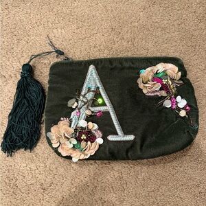 Anthropologie Olive Green Velvet Tassel Clutch with Embellished Initial A